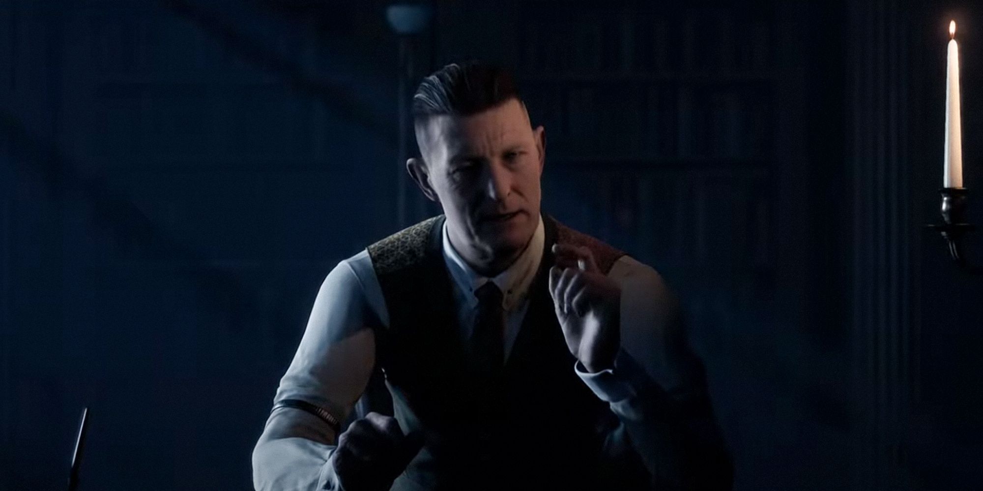 House Of Ashes. The Curator talking to the player. Blue, dark lighting.