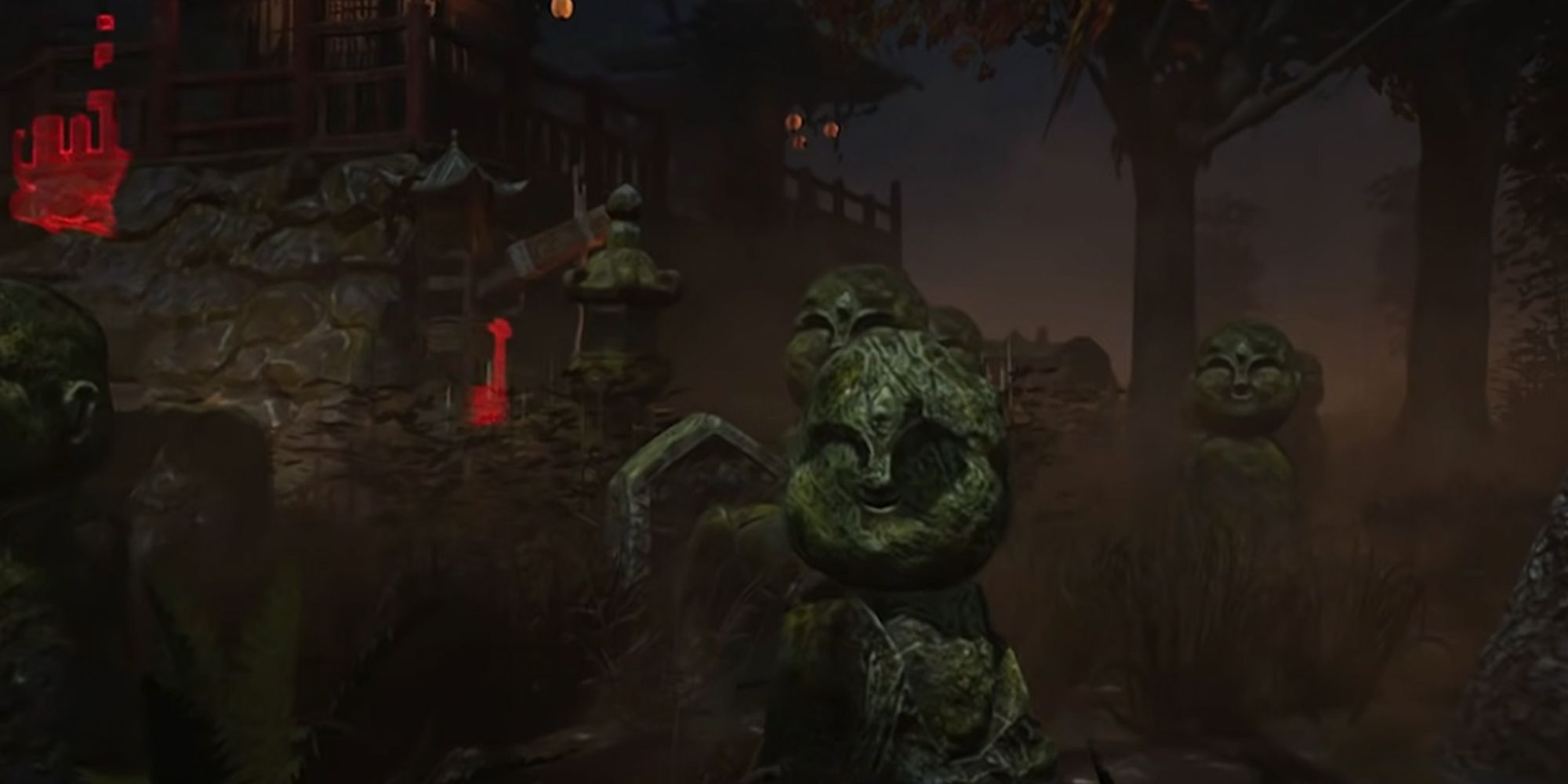 Dead By Daylight. Statues watching the player. Dark and gloomy atmosphere.
