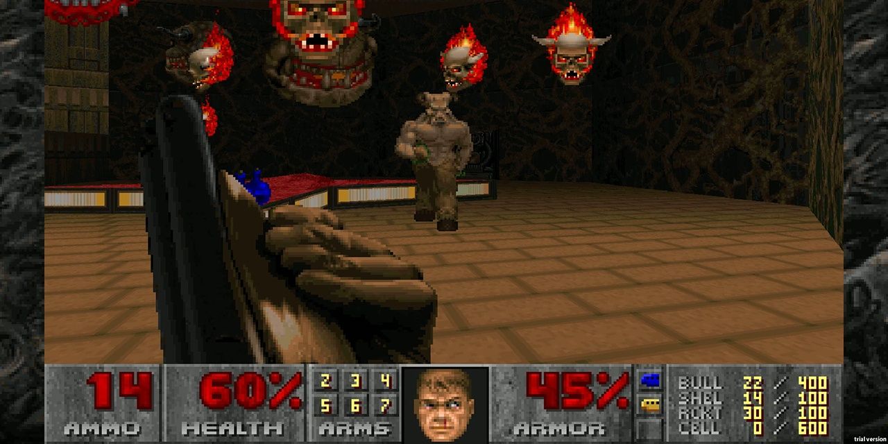 DOOM 2 Doomguy fighting pain elemental, lost souls and a baron with a shotgun