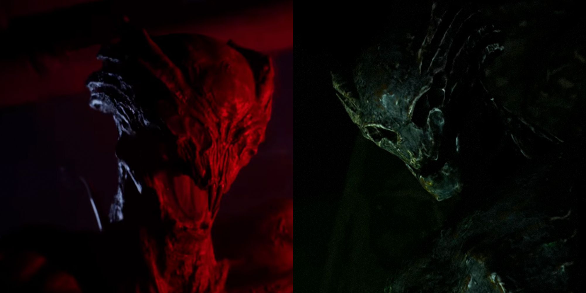 House Of Ashes. Split image of the monster. Left is the monster with red lighting across its body, right is a statue of the monster.