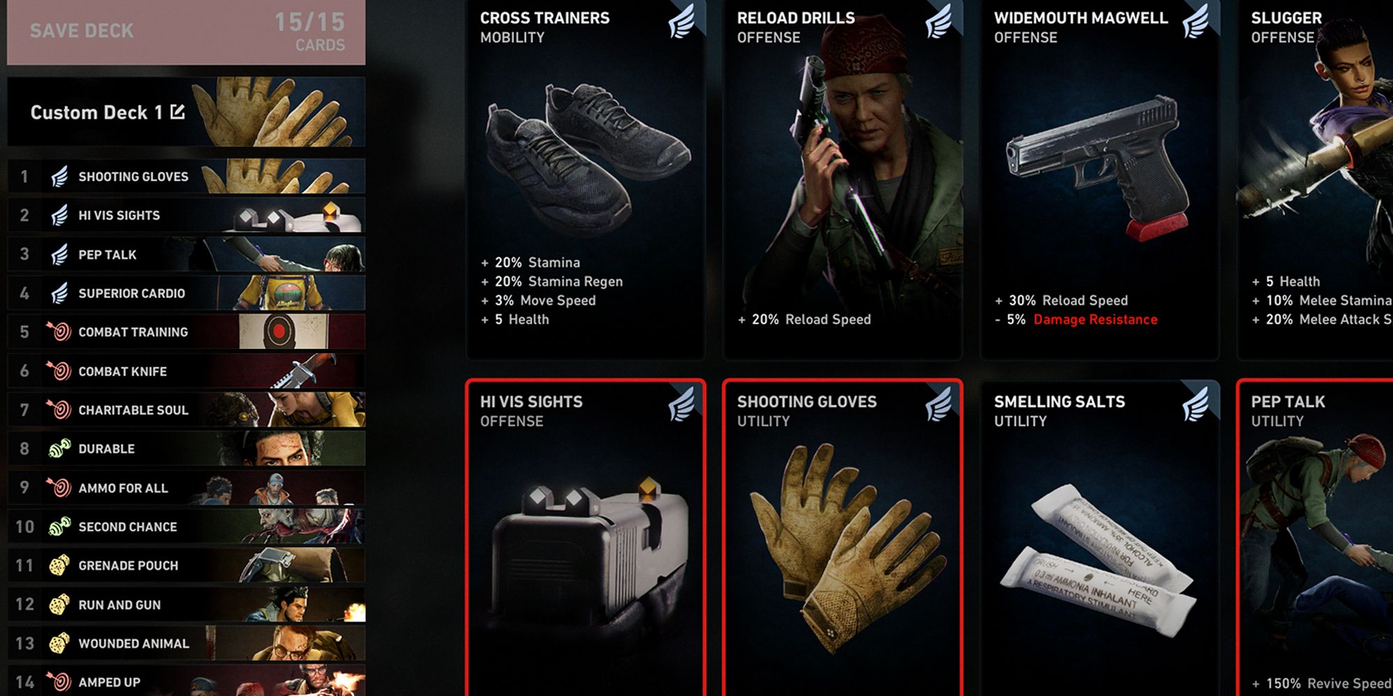 Back 4 Blood. Deck selection screen. Showing different cards that boost different aspects of your character.