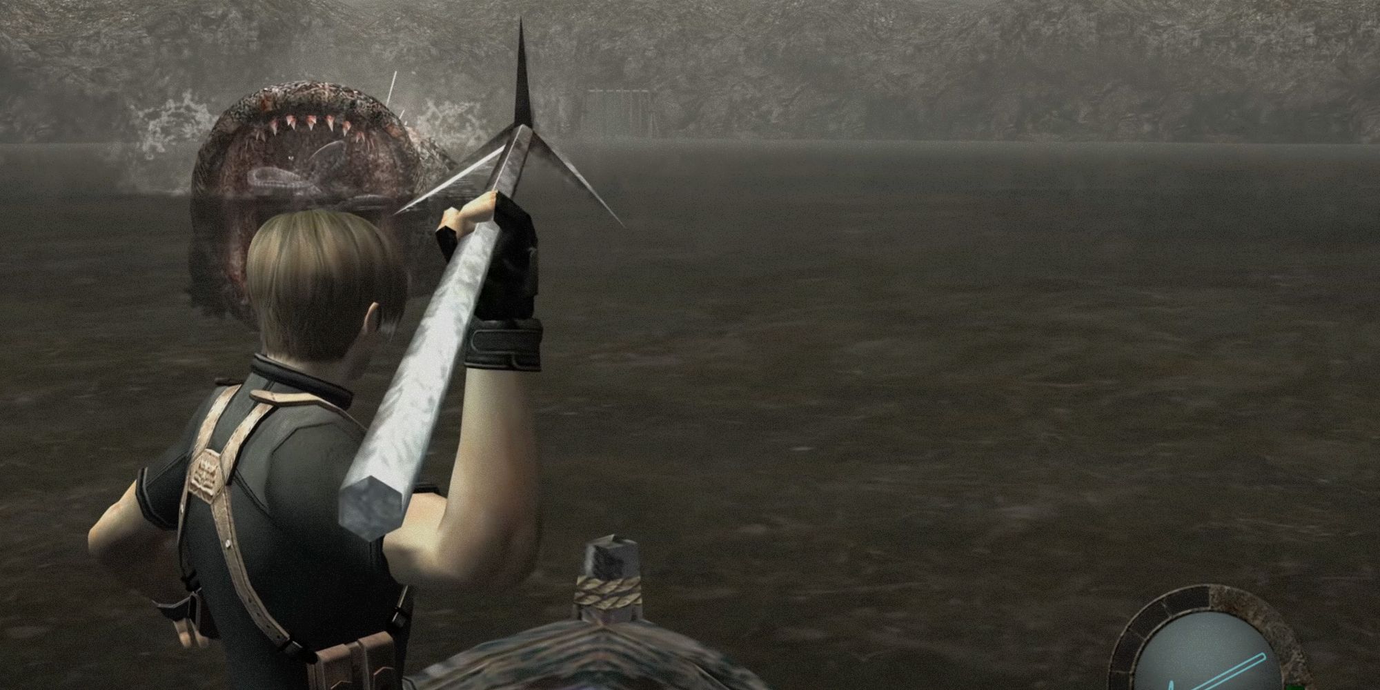 Resident Evil 4. Leon aiming a weapon at Del Lago who is in the water. Murky color scheme.