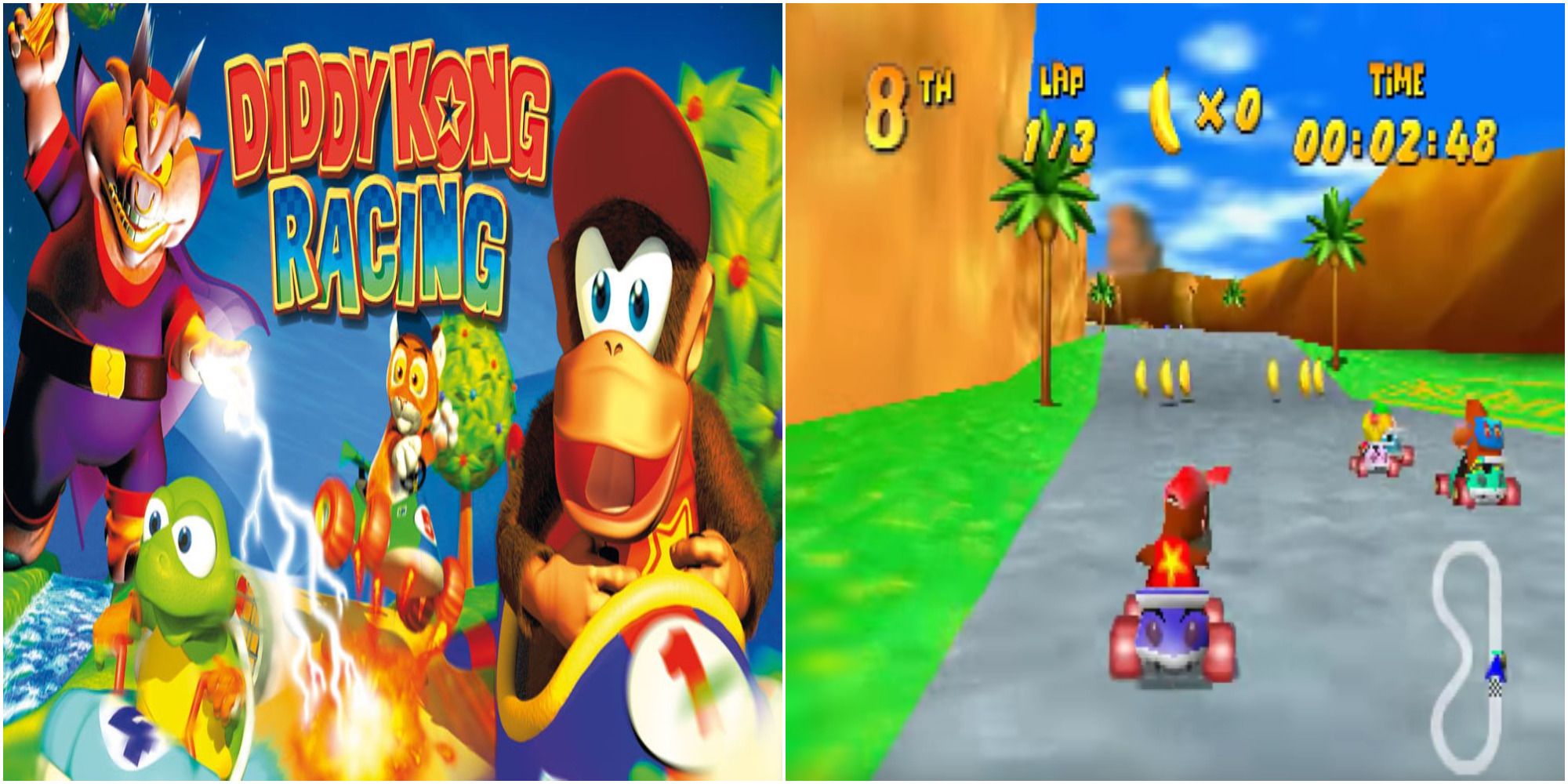 Diddy Kong Racing Official Art with Diddy Kong and other characters and Dino Domain racing gameplay