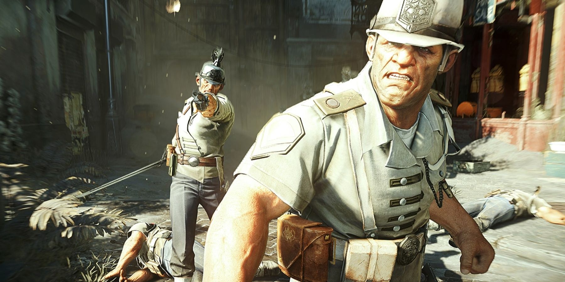 Dishonored 2 Guards. One in the foreground with sword drawn, one in the background with gun out and one dead
