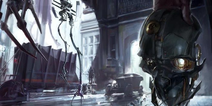 Dishonored Concept art showing Corvo holding his mask and Tallboys walking