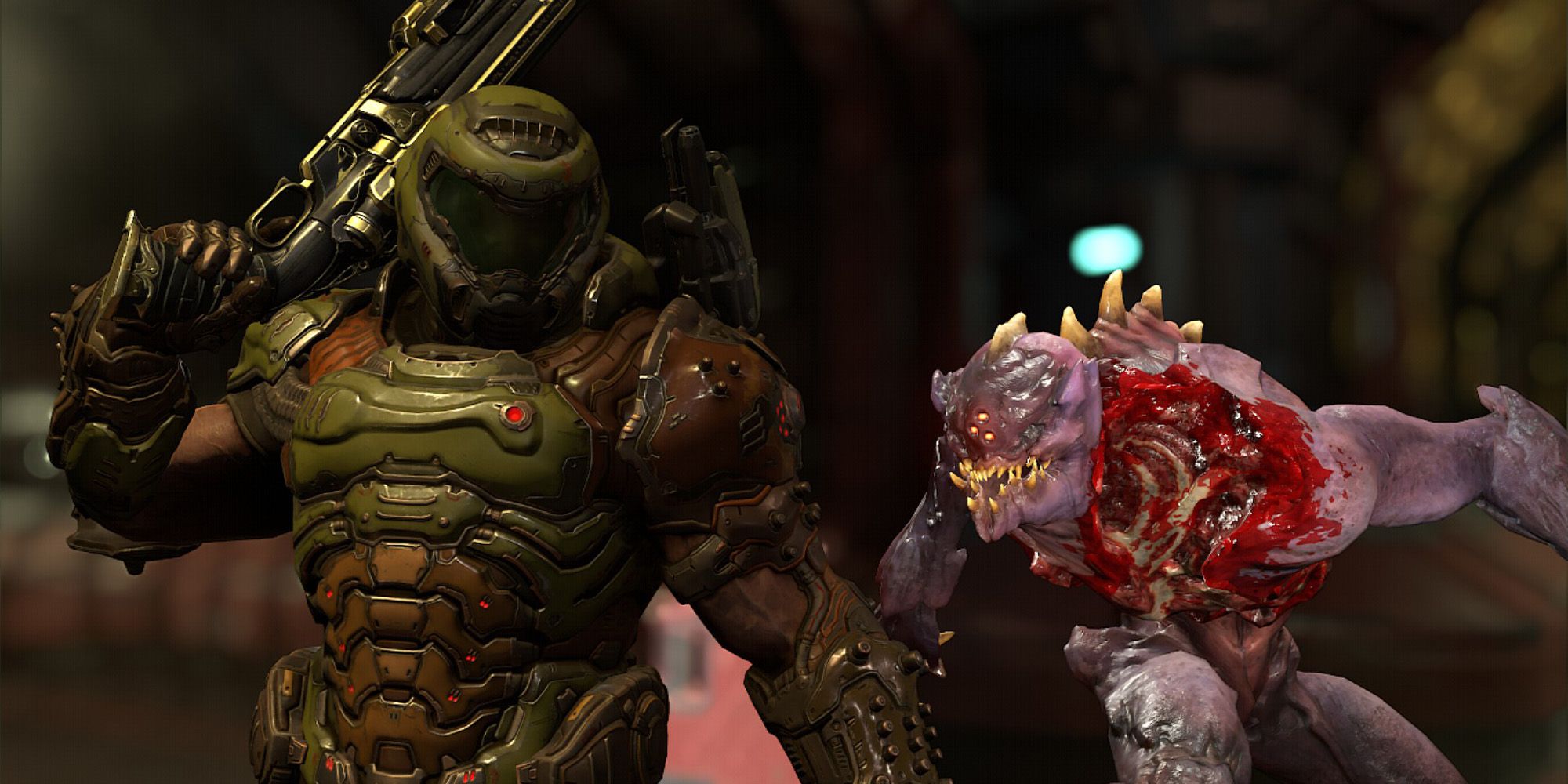 Doomguy posing with a Prowler from Doom Eternal
