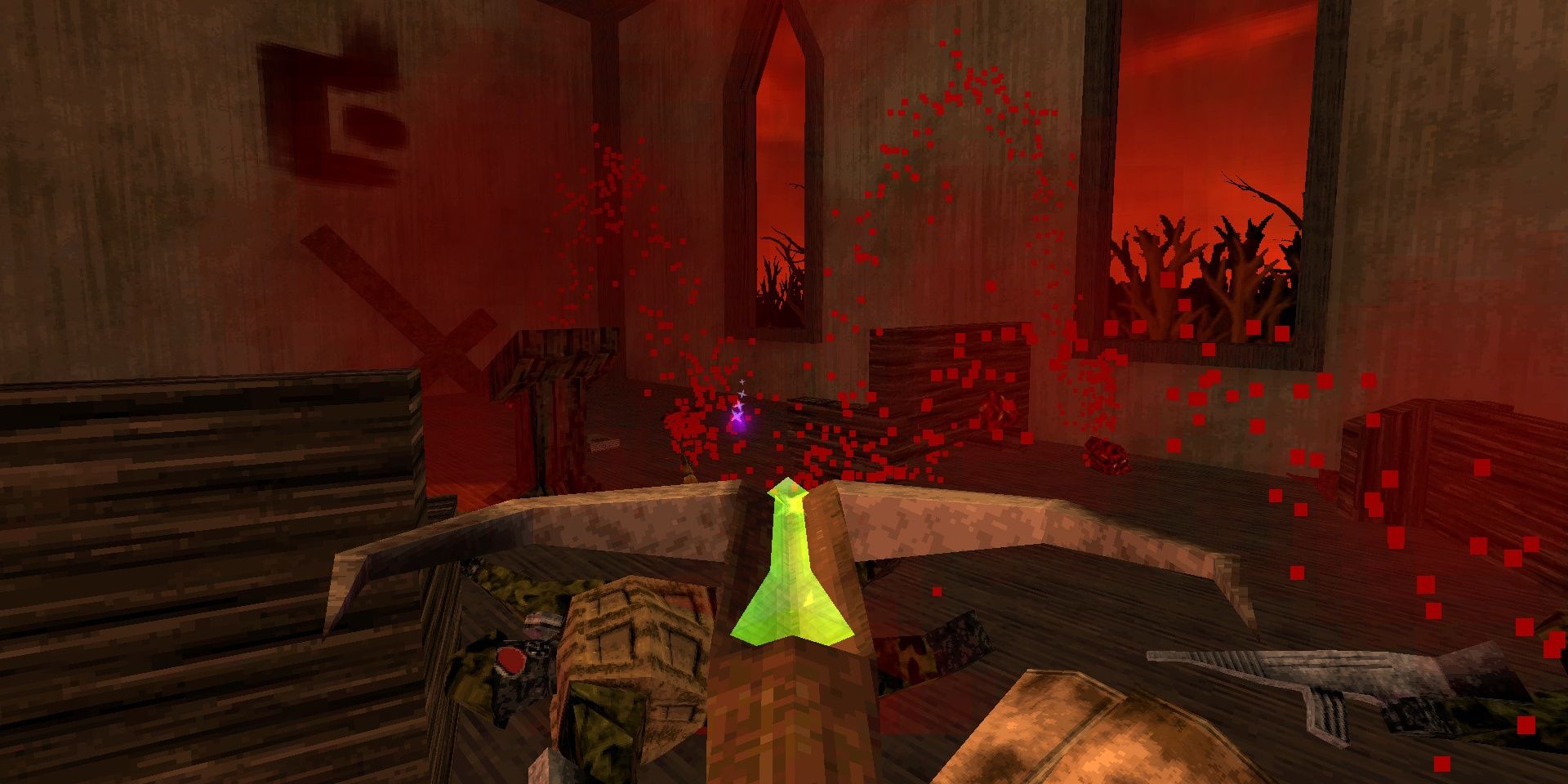 Dusk gibbing enemies with a crossbow in a church