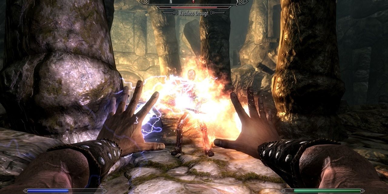 A player using fire magic in the Elder Scrolls V: Skyrim.