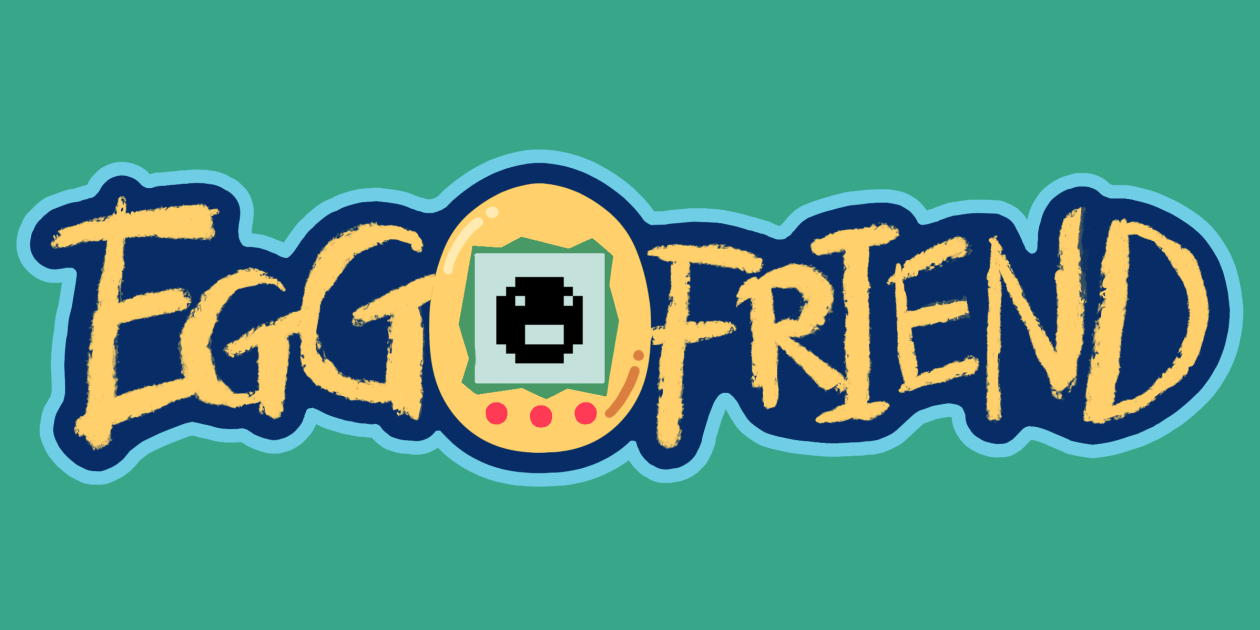 Eggfriend logo with yellow Tamagotchi and black pixel creature on screen