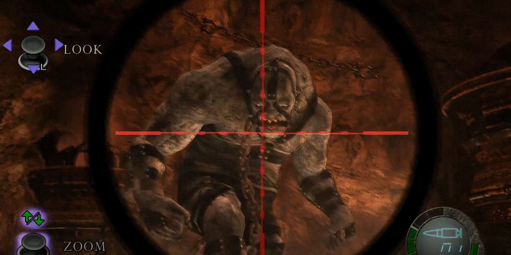 Resident Evil 4. El Gigante through the scope of a rifle.