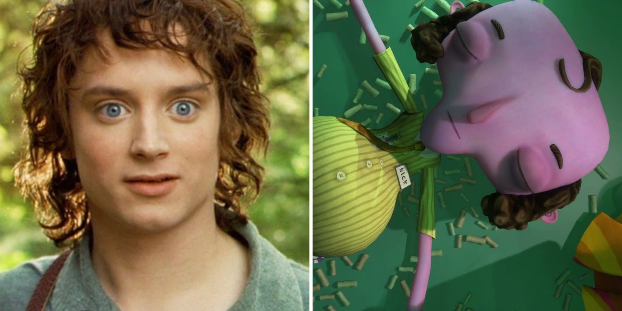 Elijah Wood in Lord of the Rings on left, Nick Johnsmith in Psychonauts 2 on right