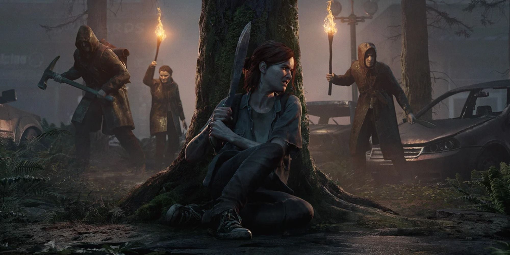 Ellie hiding behind a tree wielding a torch with enemies pursuing her