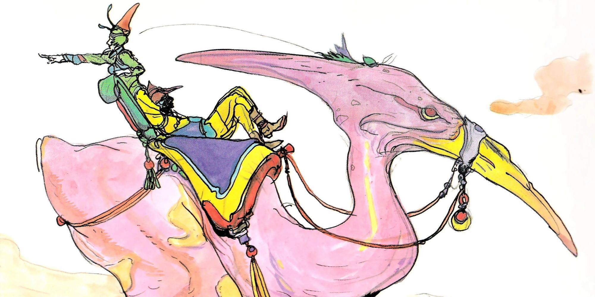 Yoshitaka Amano's concept art for Chocobos from FFIII, showing them as pink and pterodactyl-like