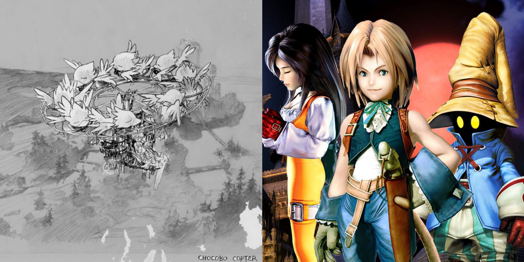 Unused concept art of the Chocobo Copter for FFIX, imposed over key art for the game