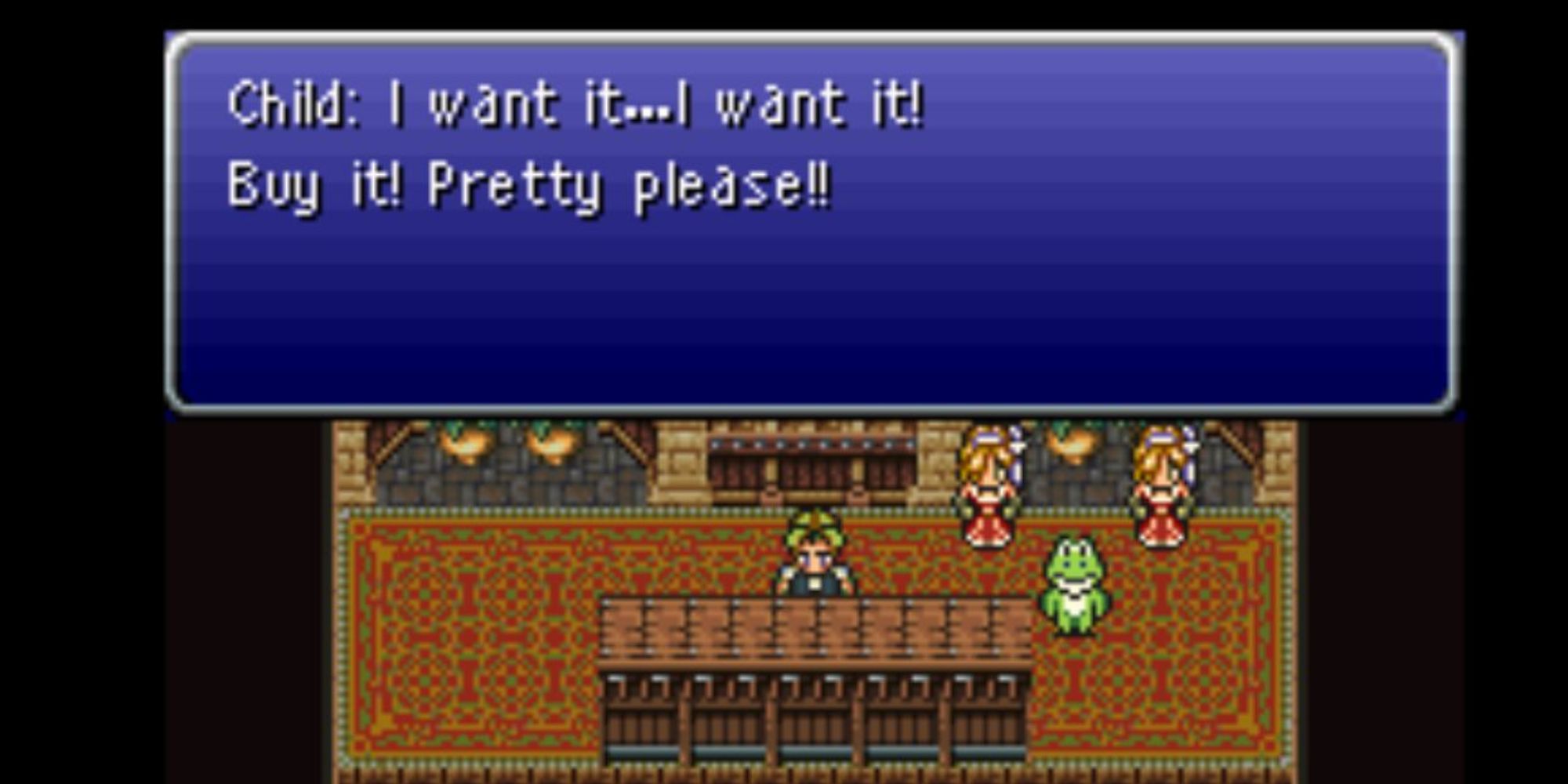 A child begging their father to buy something at the Jidoor Auction House in FFVI