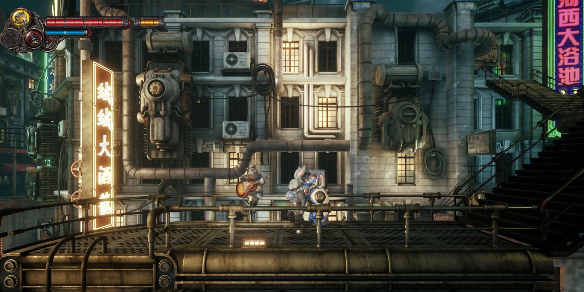 FIST Forged In Shadow Things People Missed a wide shot of Raymond on the right stood next to Able who is sat on a rail guard playing the guitar against a backdrop of neon signs and buildings