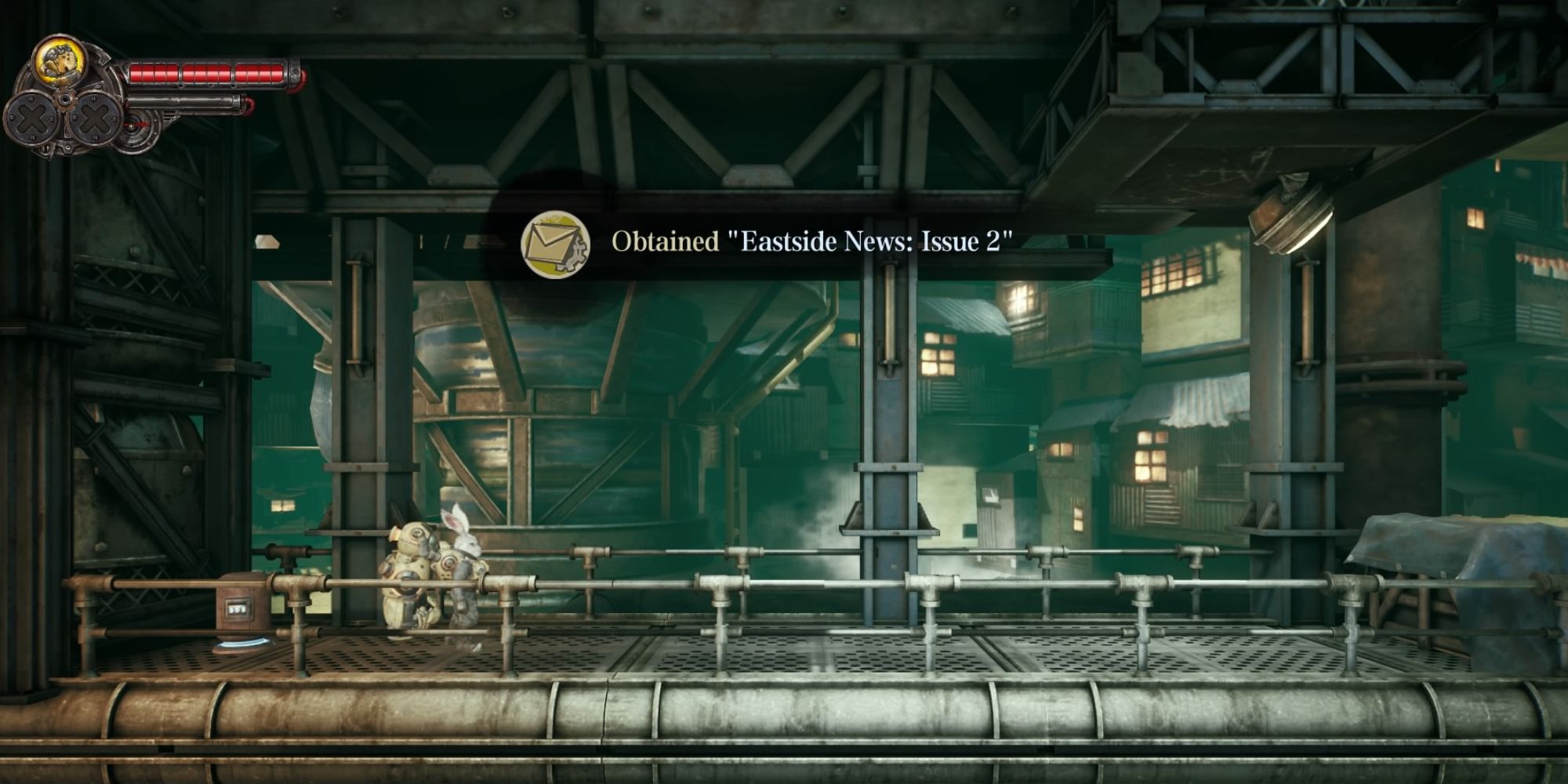 FIST Forged In Shadow Things People Missed wide shot of Raymond standing to the left on a steel platform with the text above him about Eastside News Issue 2