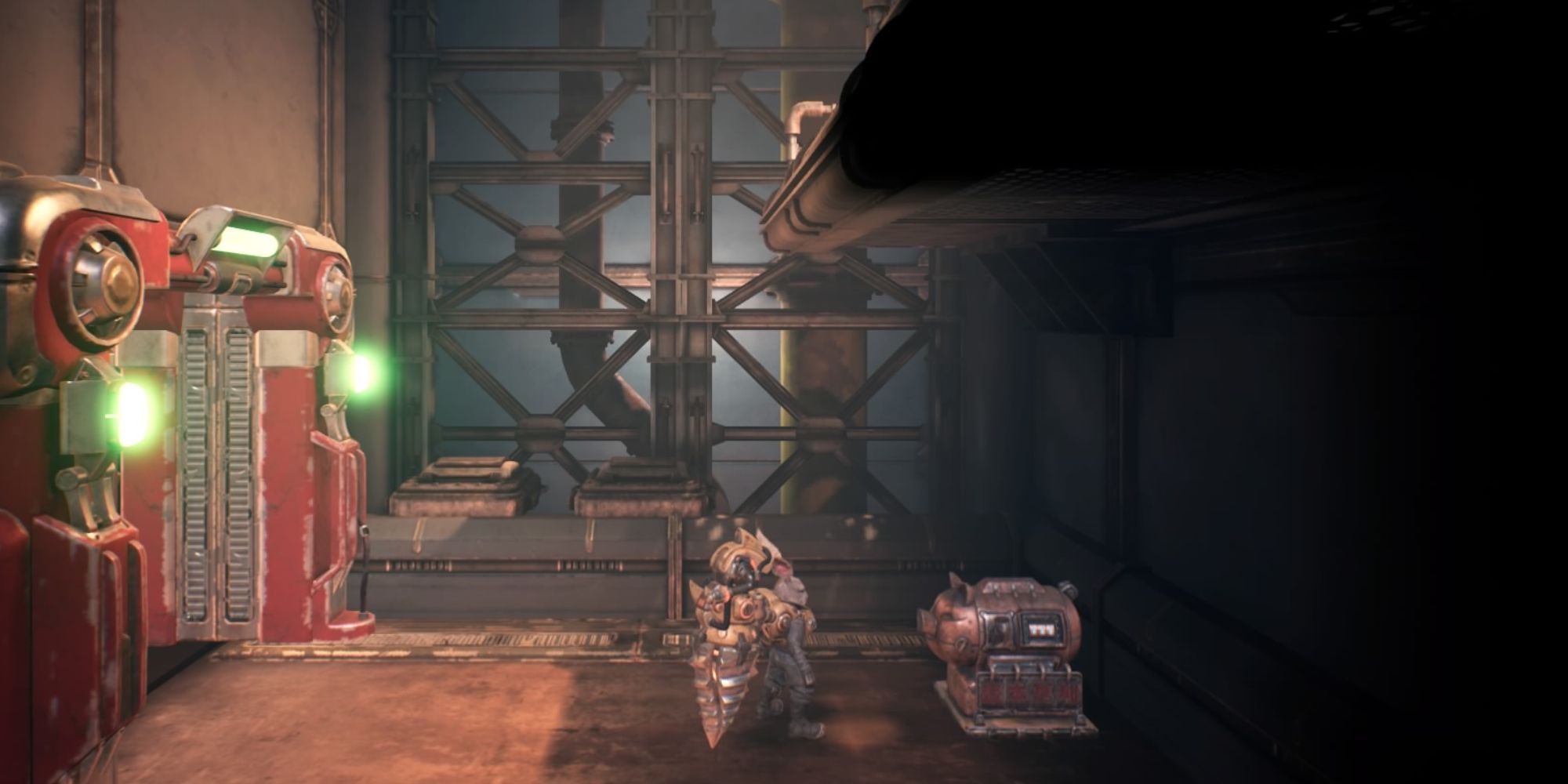 FIST Forged In Shadow Things People Missed a wide shot of Raymond stood to the right in front of a pig shaped box with a red door to his left and a pipe above him