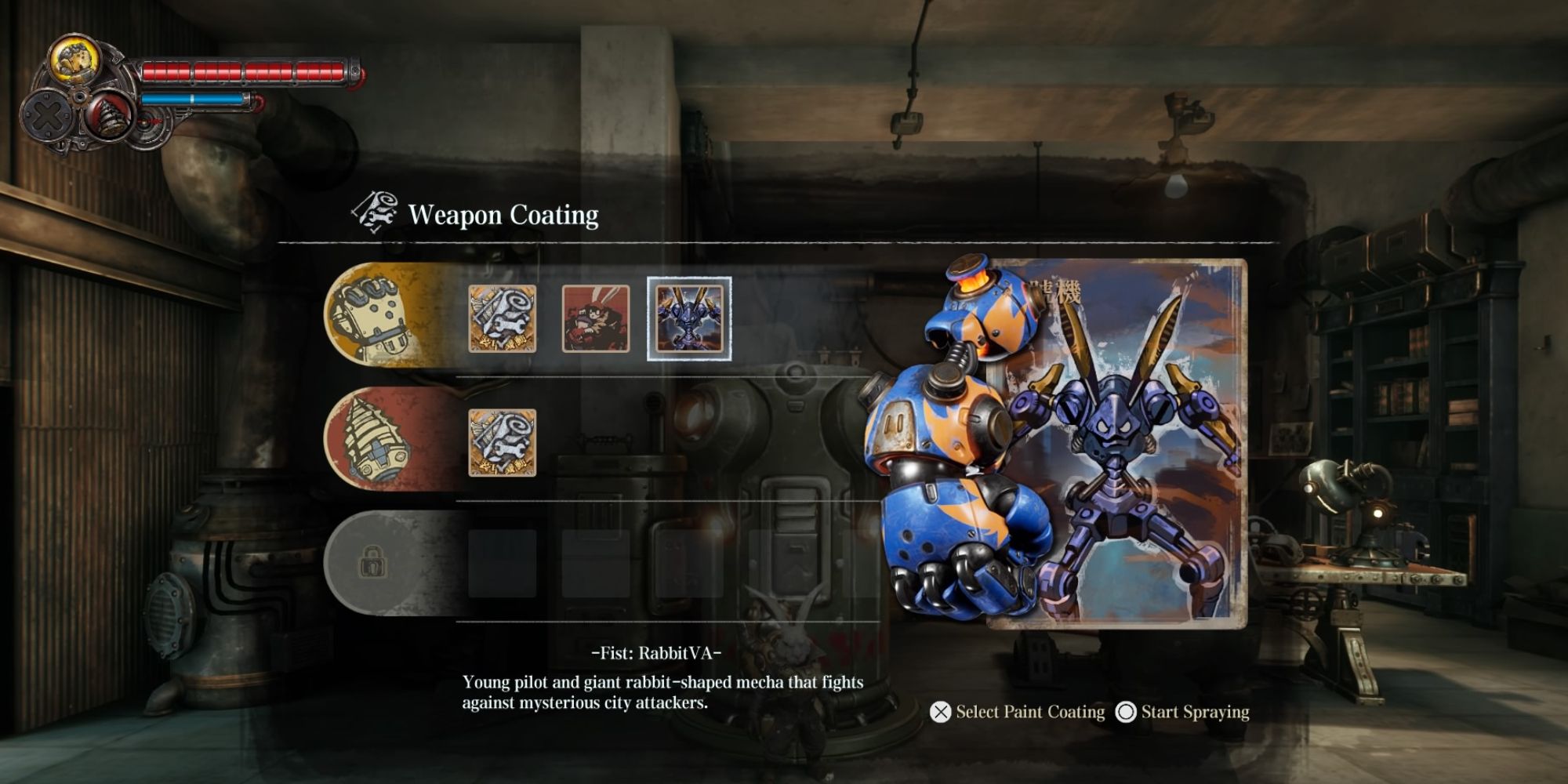 FIST Forged In Shadow Things People Missed a menu detailing the various weapon skins including a blue and yellow fist with an image of a blue robot rabbit behind it
