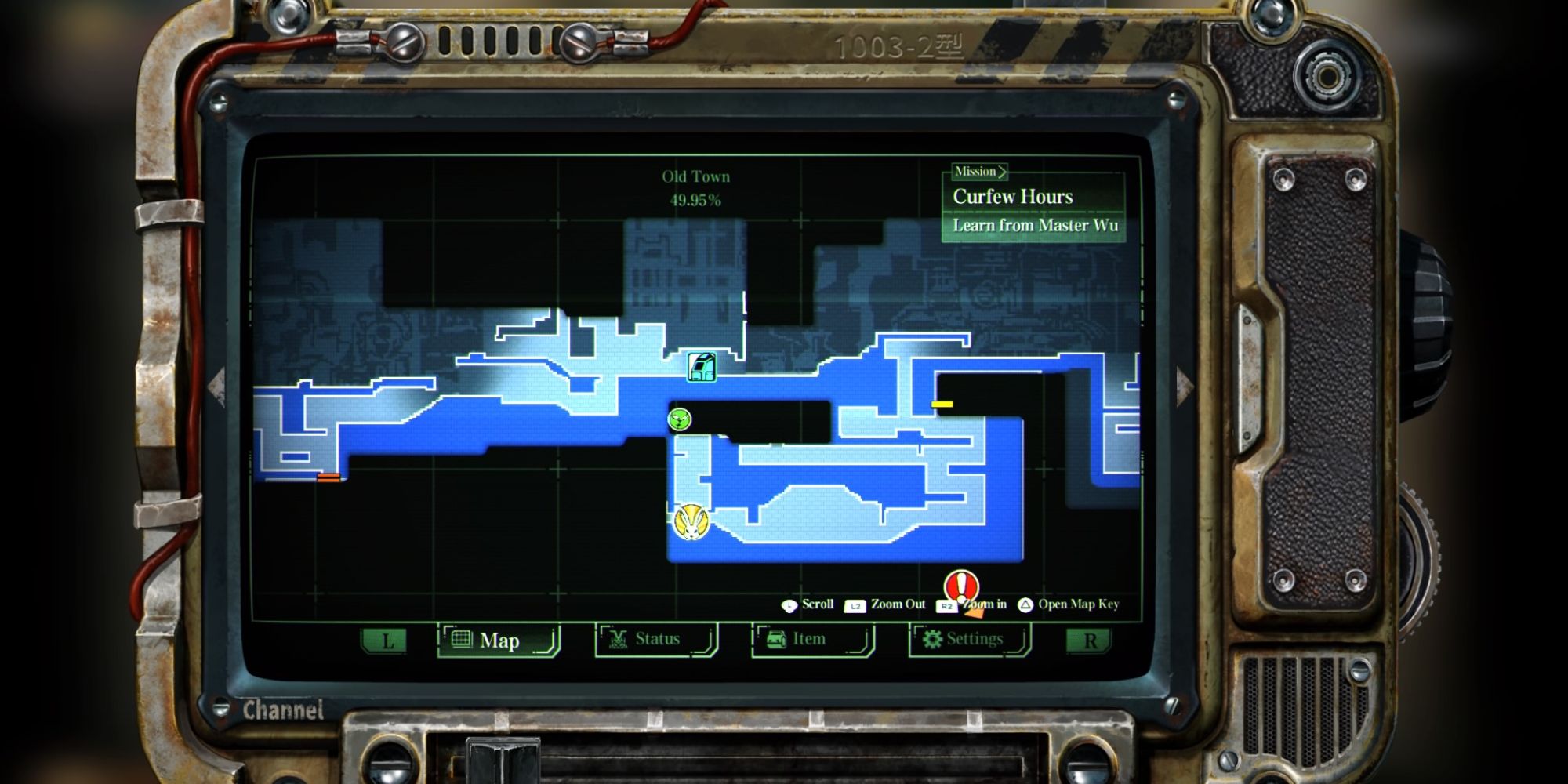FIST Forged In Shadow Torch Things We Wished We Knew a close up of a screen showing the map for Torch City coloured in blue surrounded by a bronze metallic computer cage