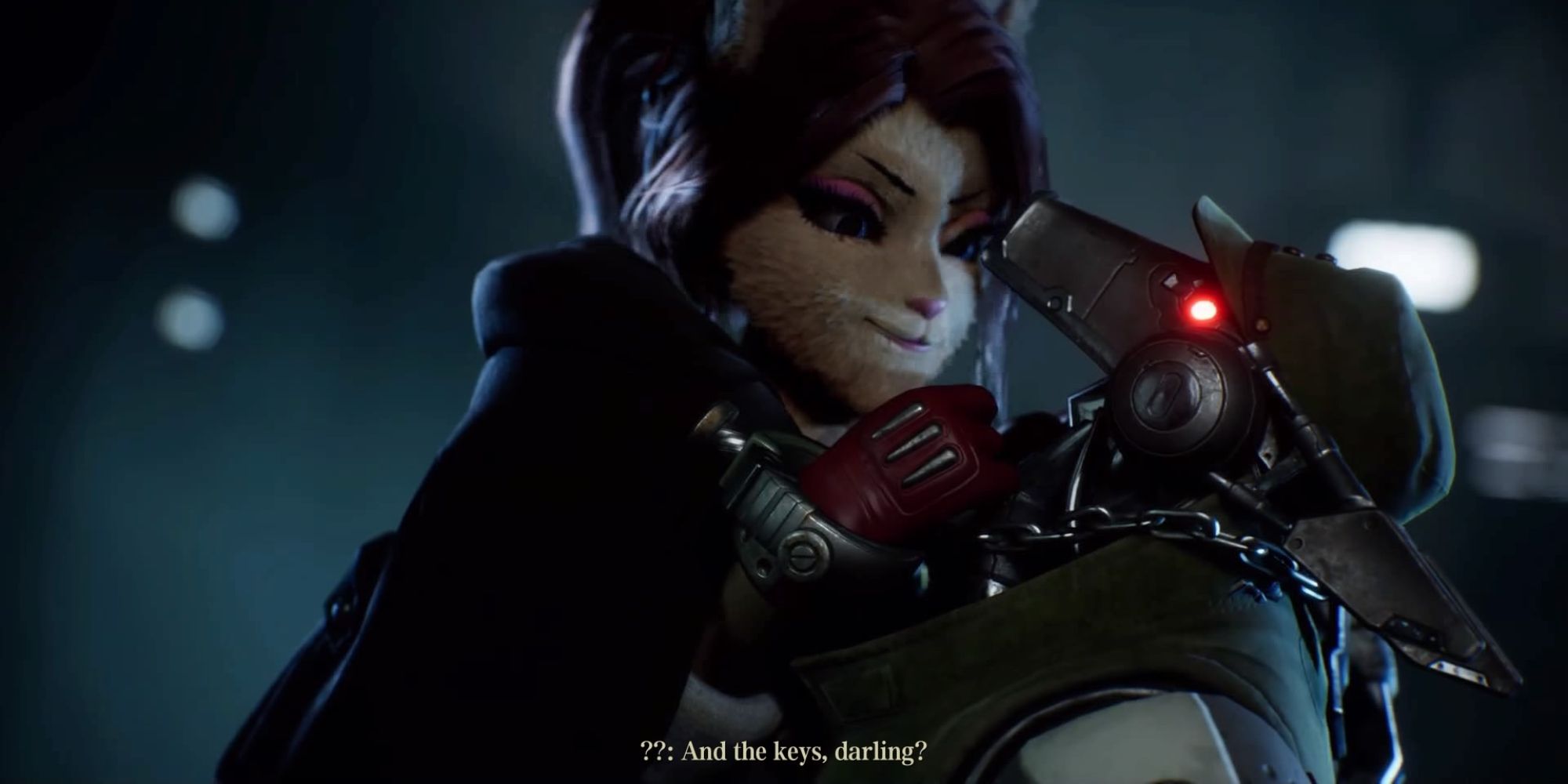 FIST Forged In Shadow Torch Things We Wished We Knew a close up of Lady Q holding an Iron Dog menacingly with the subtitles at the bottom reading "and the keys, darling"