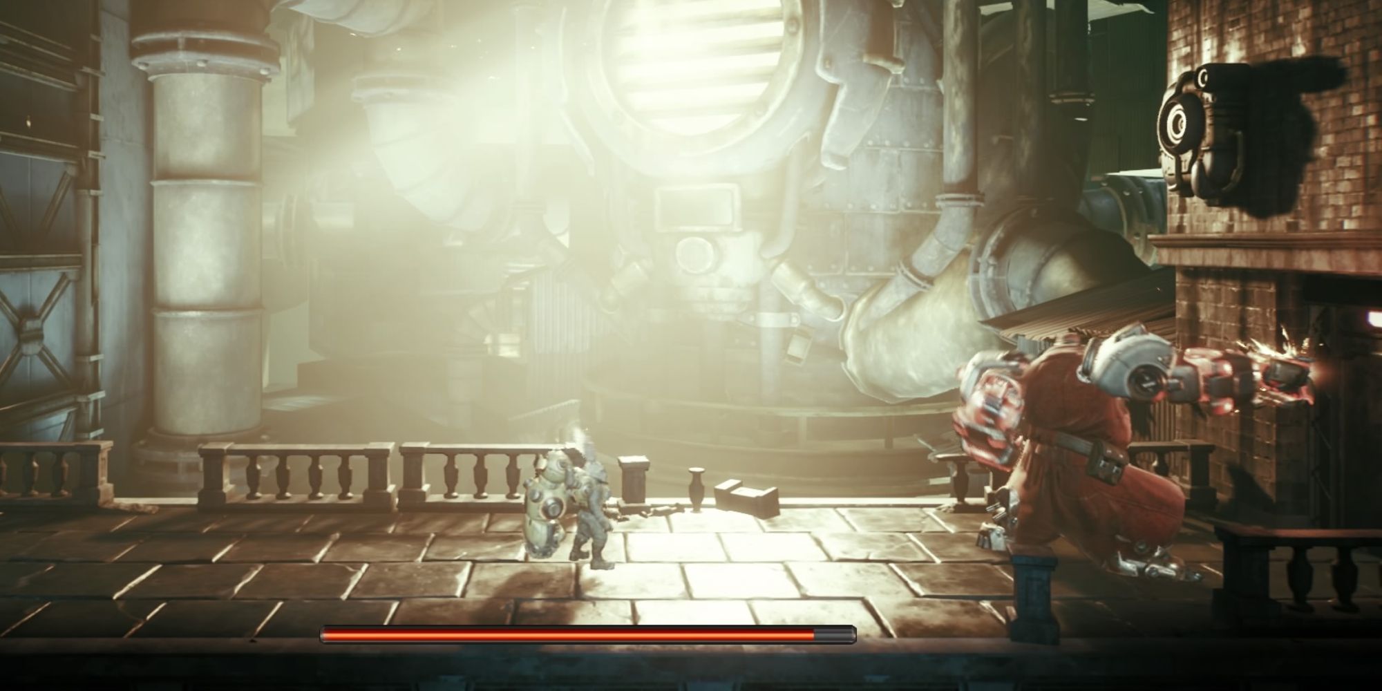 FIST Forged In Shadow Torch Things We Wished We Knew a wide shot of Raymond stood in a brightly lit alleyway with a boss enemy charging up to attack him on the right against with a giant bright spotlight in the background