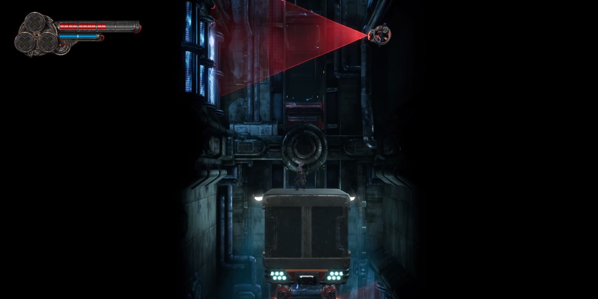 FIST Forged In Shadow Torch Things We Wished We Knew a wide shot of Raymond stood on a moving platform in a dark narrow upwards corridor with a security camera just above him emitting a red light