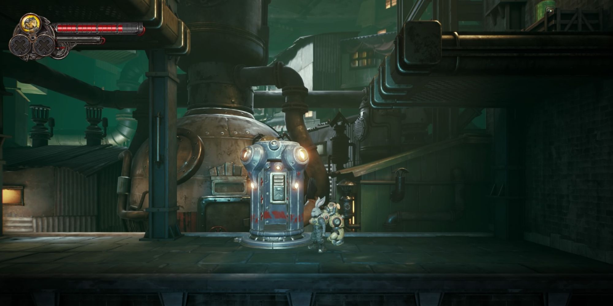 FIST Forged In Shadow Torch Things We Wished We Knew a wide shot of Raymond stood next to a metal Transformer with towering platforms on either side and a bronze metal ball in the distance