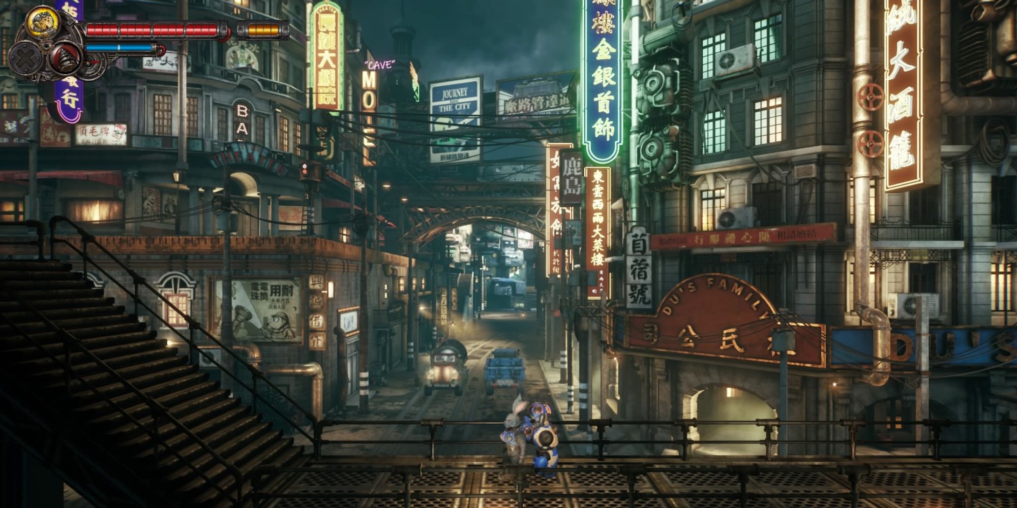 FIST Forged In Shadow Torch Things We Wished We Knew extreme wide shot of Raymond stood in the foreground on a steel platform against a backdrop of neon signs with Chinese writing on them and two trams moving in the far distance