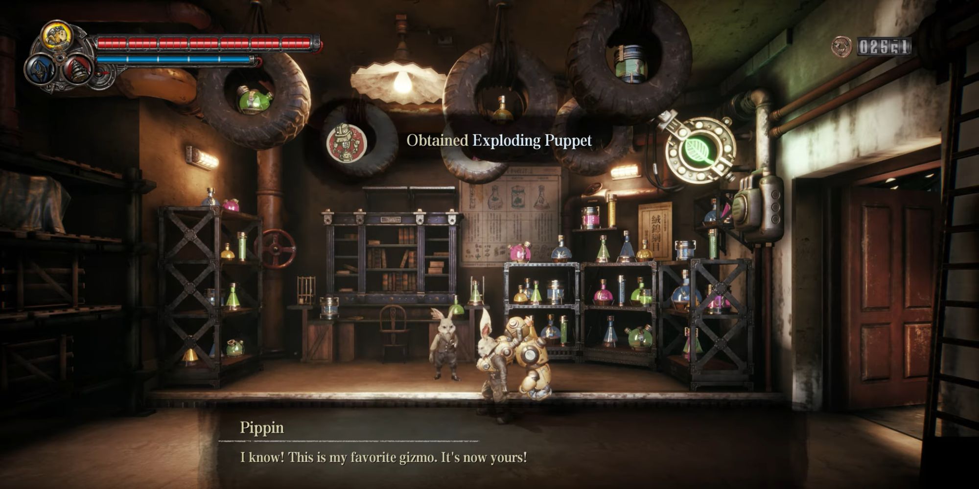 FIST Forged In Shadow Torch Weapons wide shot of Pippin's shop with Pippin giving Raymond the Exploding Puppet with text on the top and bottom of the screen and a messy industrial room in the background