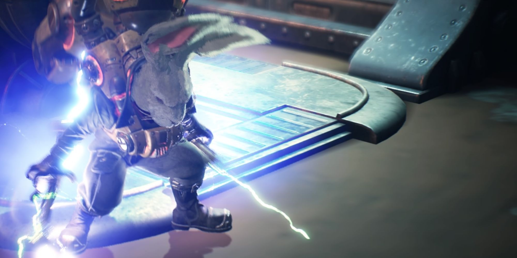 FIST Forged In Shadow Torch Weapons a wide shot of Raymond on the left side of the frame bent over slightly wielding Shock Batons in either side with the right side of the frame remaining empty