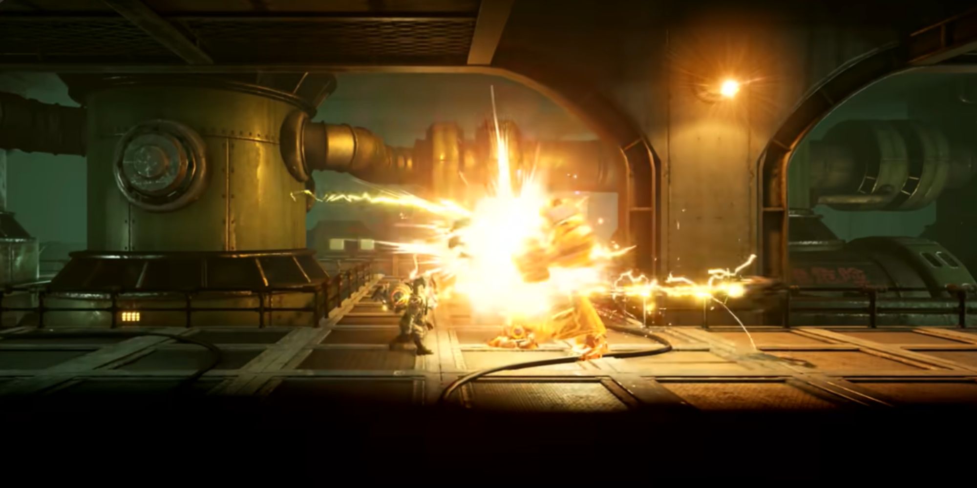 FIST Forged In Shadow Torch Weapons a wide shot of Raymond attacking an enemy with the Whip with sparks and yellow light flashing from the impact in an dimly lit industrial corridor