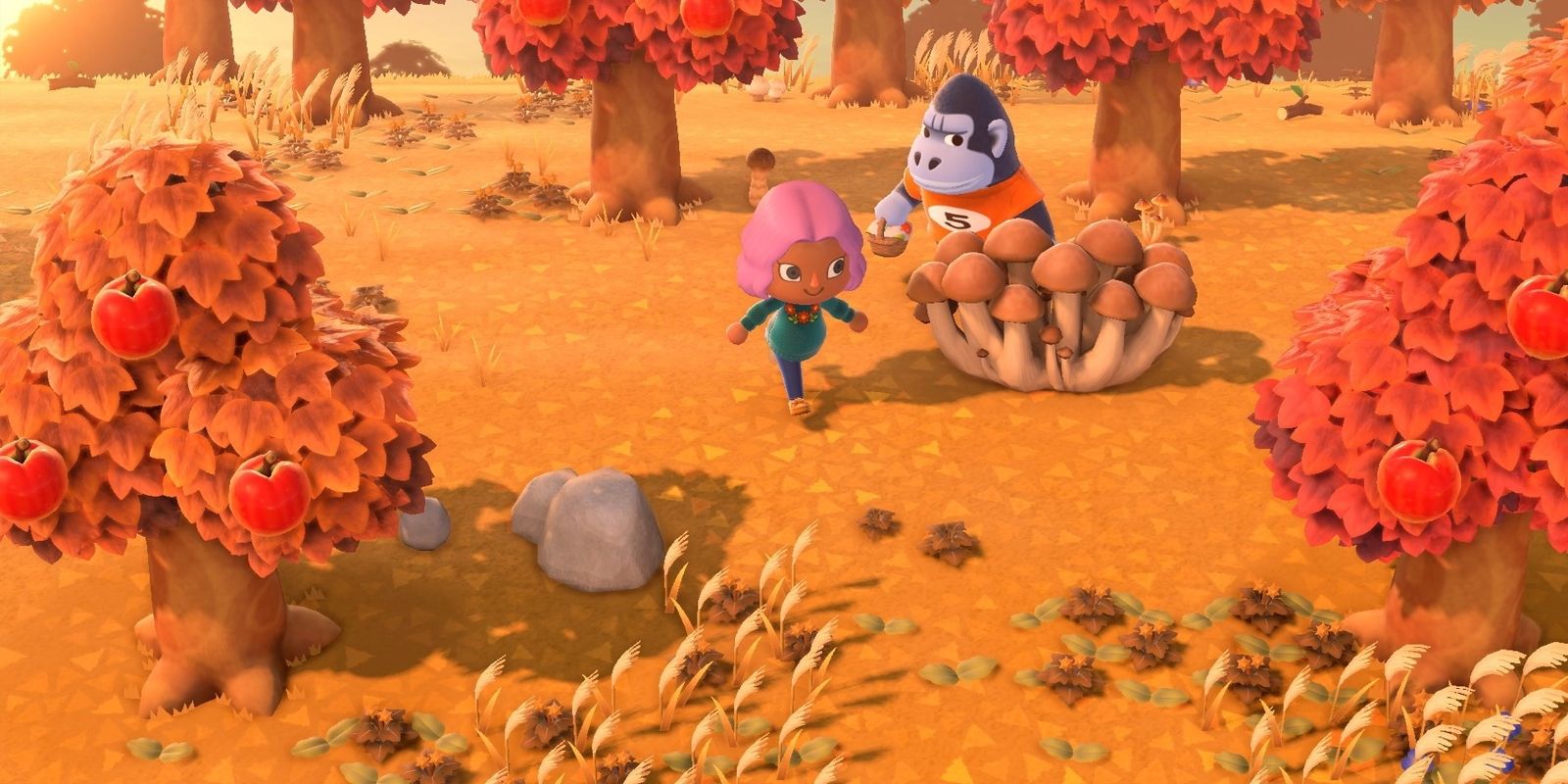Animal Crossing villager walking outside in fall with apple tree and gorilla