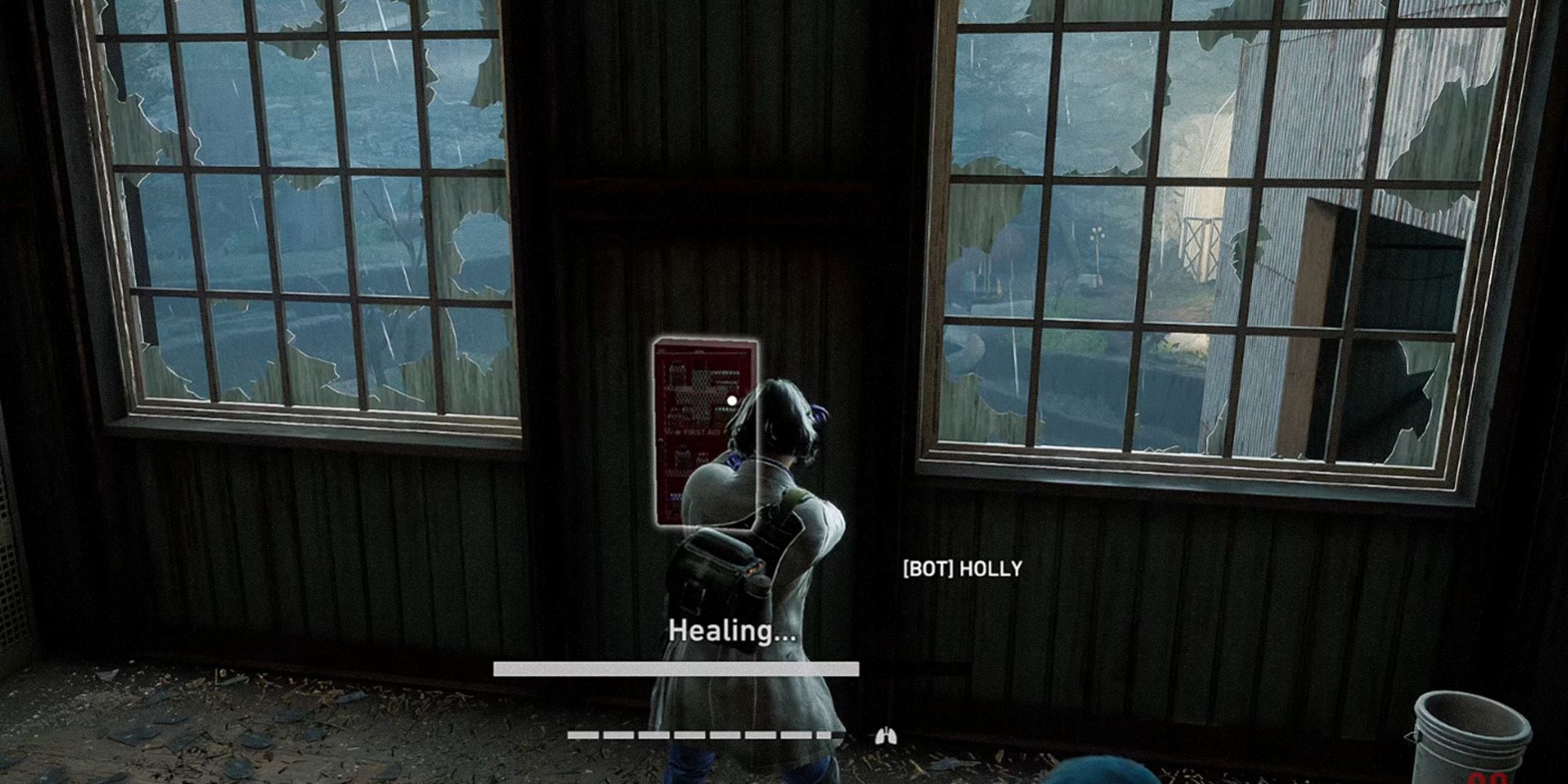 Back 4 Blood. Doc healing herself at a first aid cabinet.