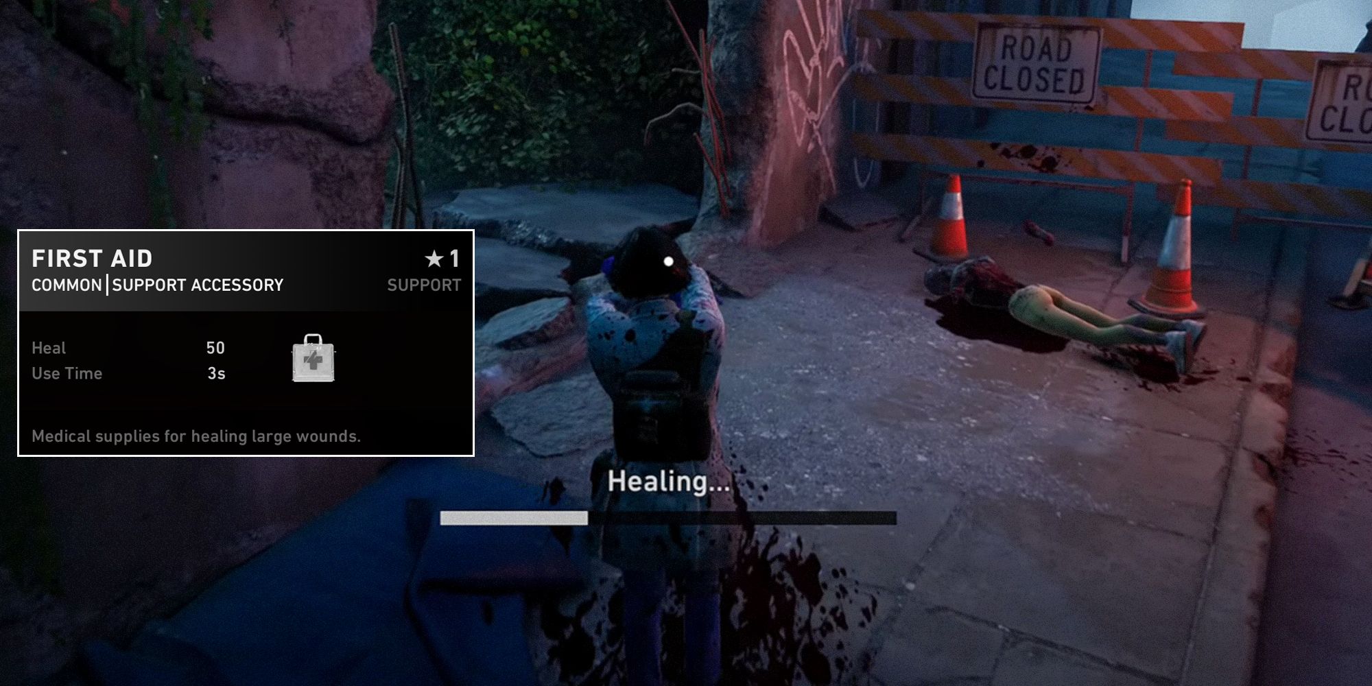 Back 4 Blood. Doc healing herself with a first aid kit. First aid details on screen.