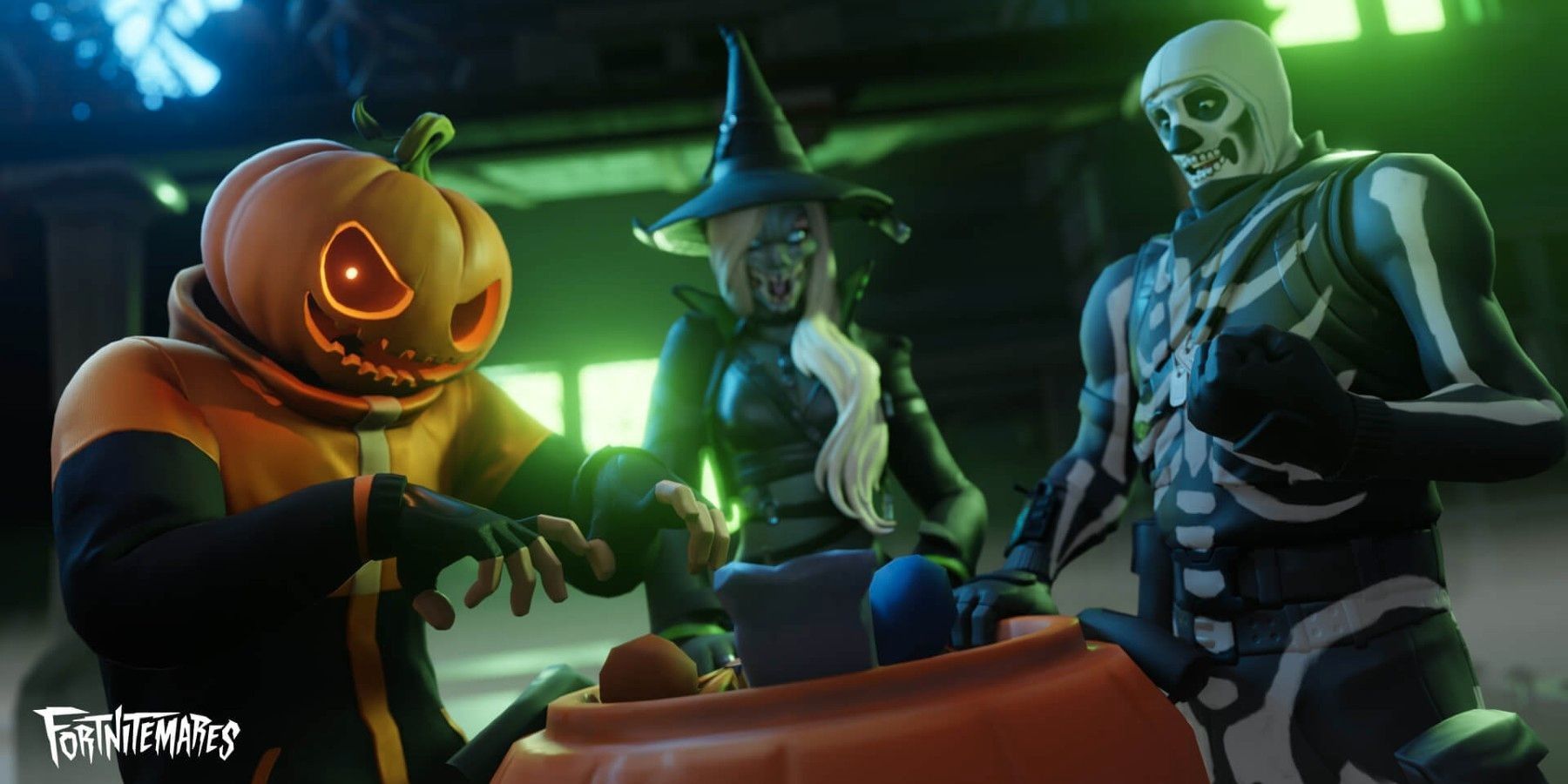 Pumpkin, witch, and skeleton.