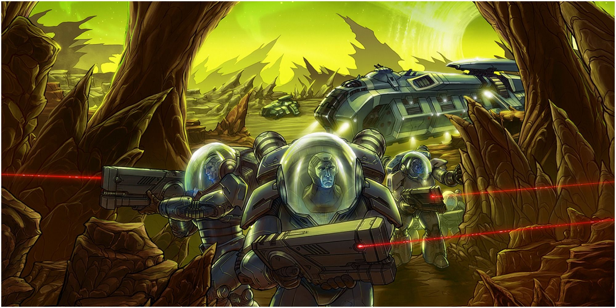 Metroid official art Galactic Federation Police walking across dangerous planet