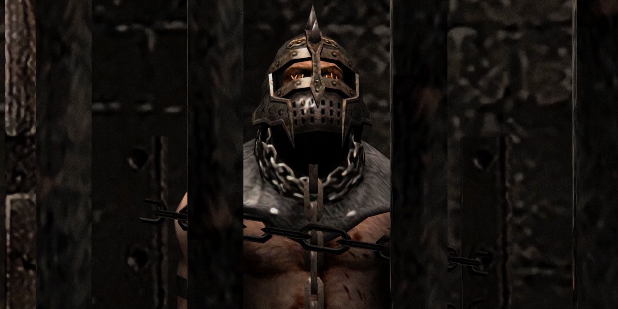 Resident Evil 4 first Garrador. Photo of a blind creature with silver armor over its head.