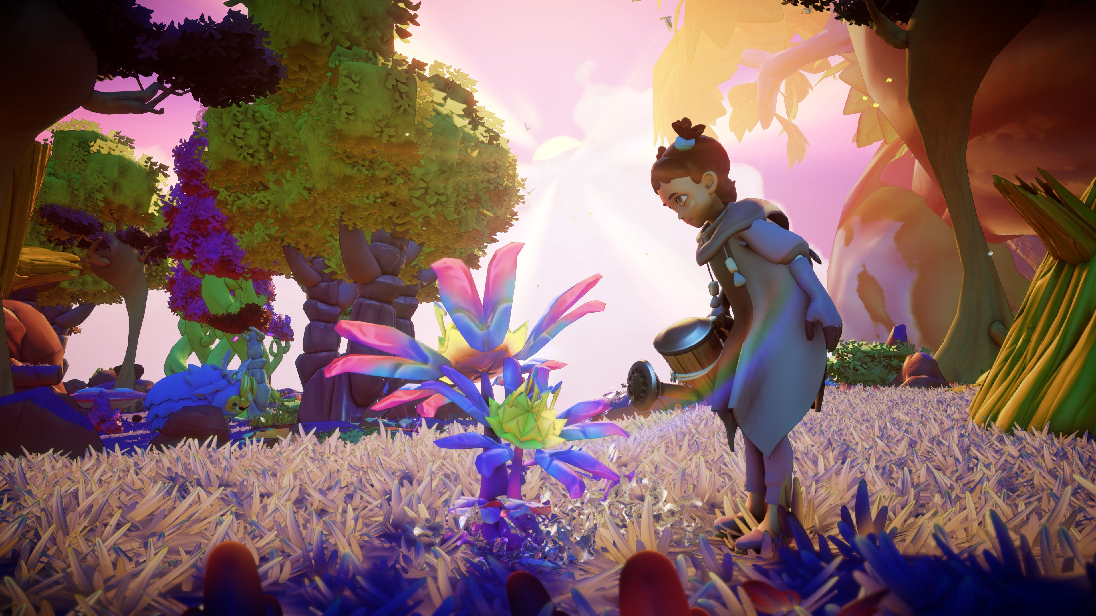 The main character of Grow looking down at a purple flower