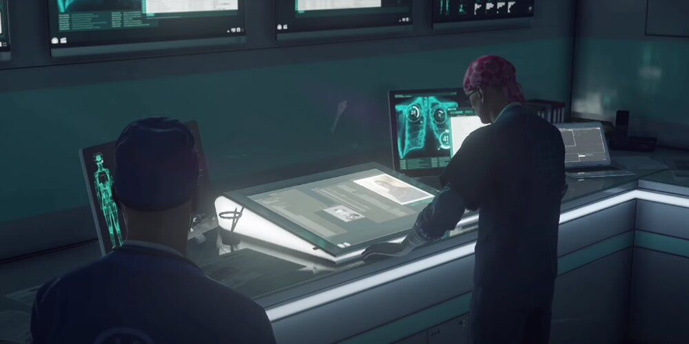A Screenshot From Hitman Gameplay Chief Surgeon Looking At Planted Information Stating That The Target Murdered His Father.