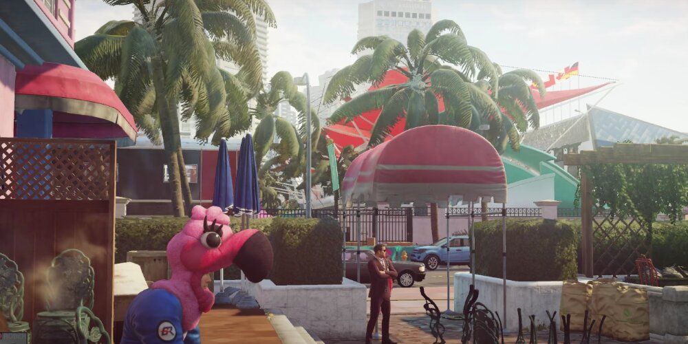 A Screenshot Of Hitman Gameplay Showing The Flamingo Mascot Meeting Sierra Knox.