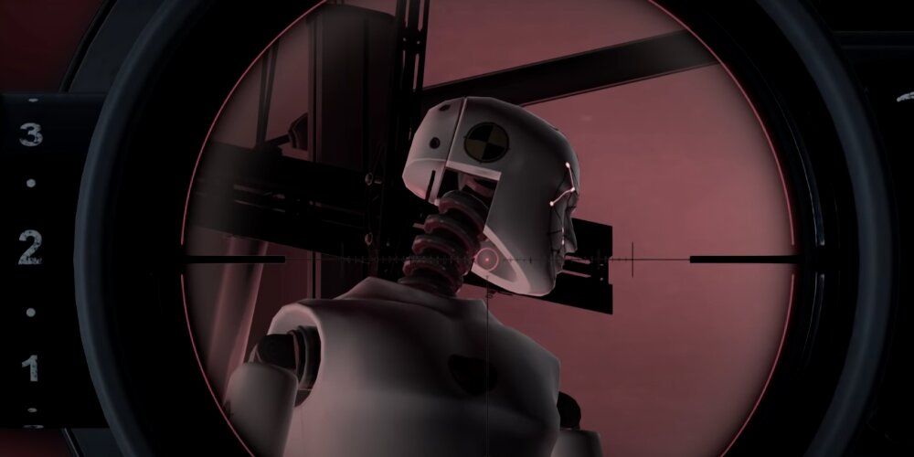 A Screenshot From Hitman Gameplay Showing An Android Through A Sniper Scope.