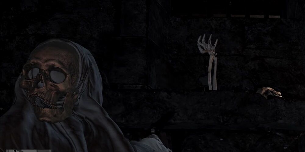 A Screenshot Of Hitman Gameplay Showing A Skeleton Hand Appearing