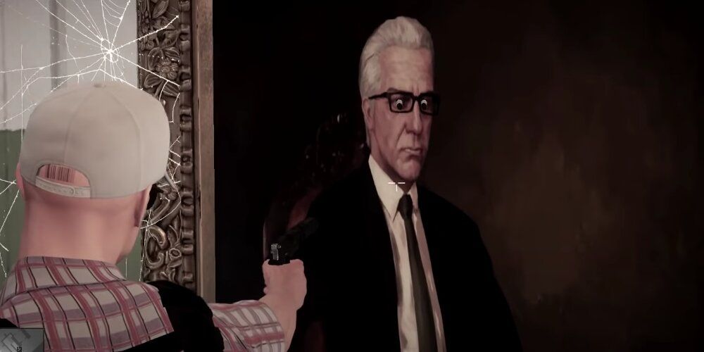 A Screenshot From Hitman Gameplay Showing A Painting With Staring Eyes In Janus's Basement.