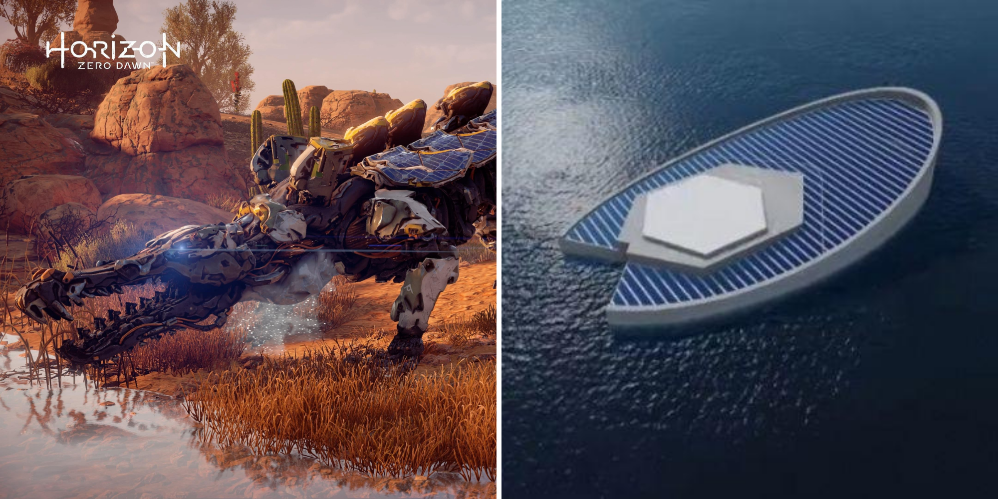 Horizon Zero Dawn Snapmaw on right, Iceberg Submarine on left