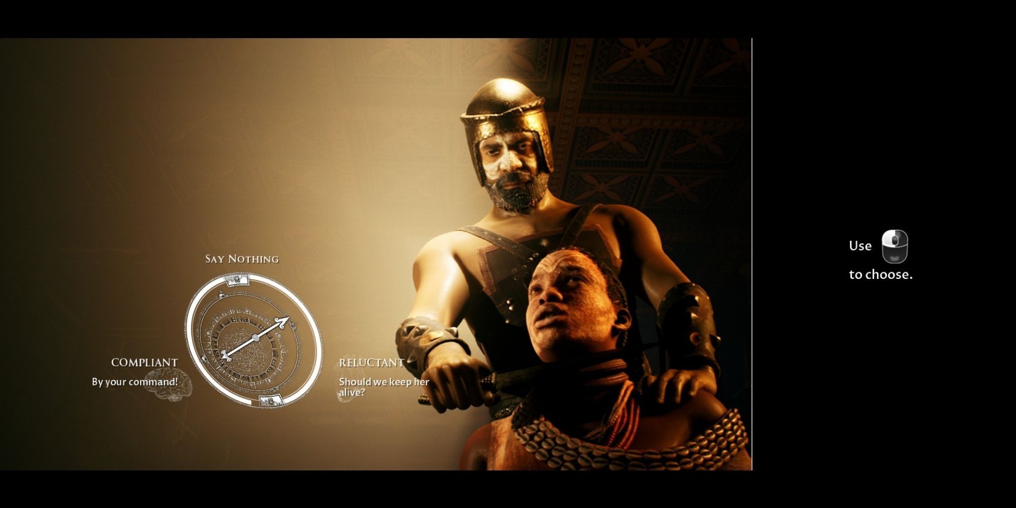 House of Ashes - Balathu next to a decision wheel, with his knife against the neck of a woman