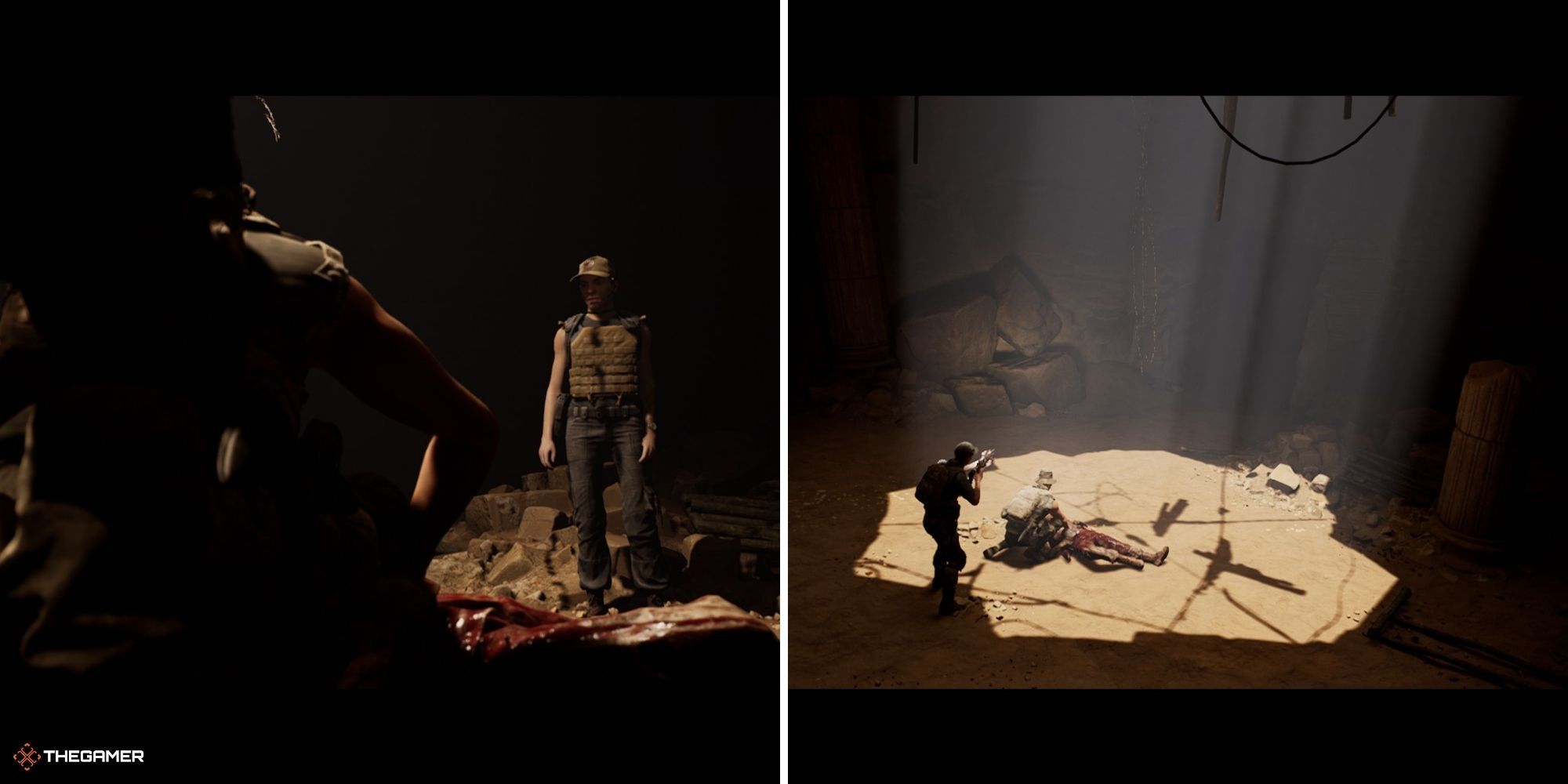 House of Ashes - The Raid - Clarice on left, wide shot of room on right