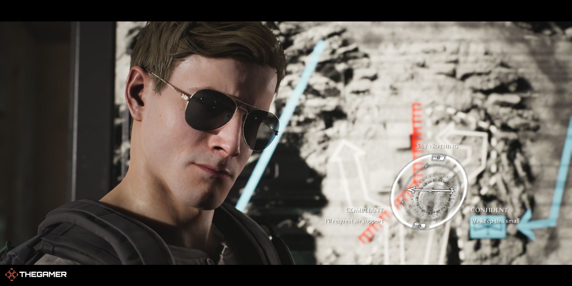 House of Ashes - The Raid - Erik King during briefing next to a decision wheel