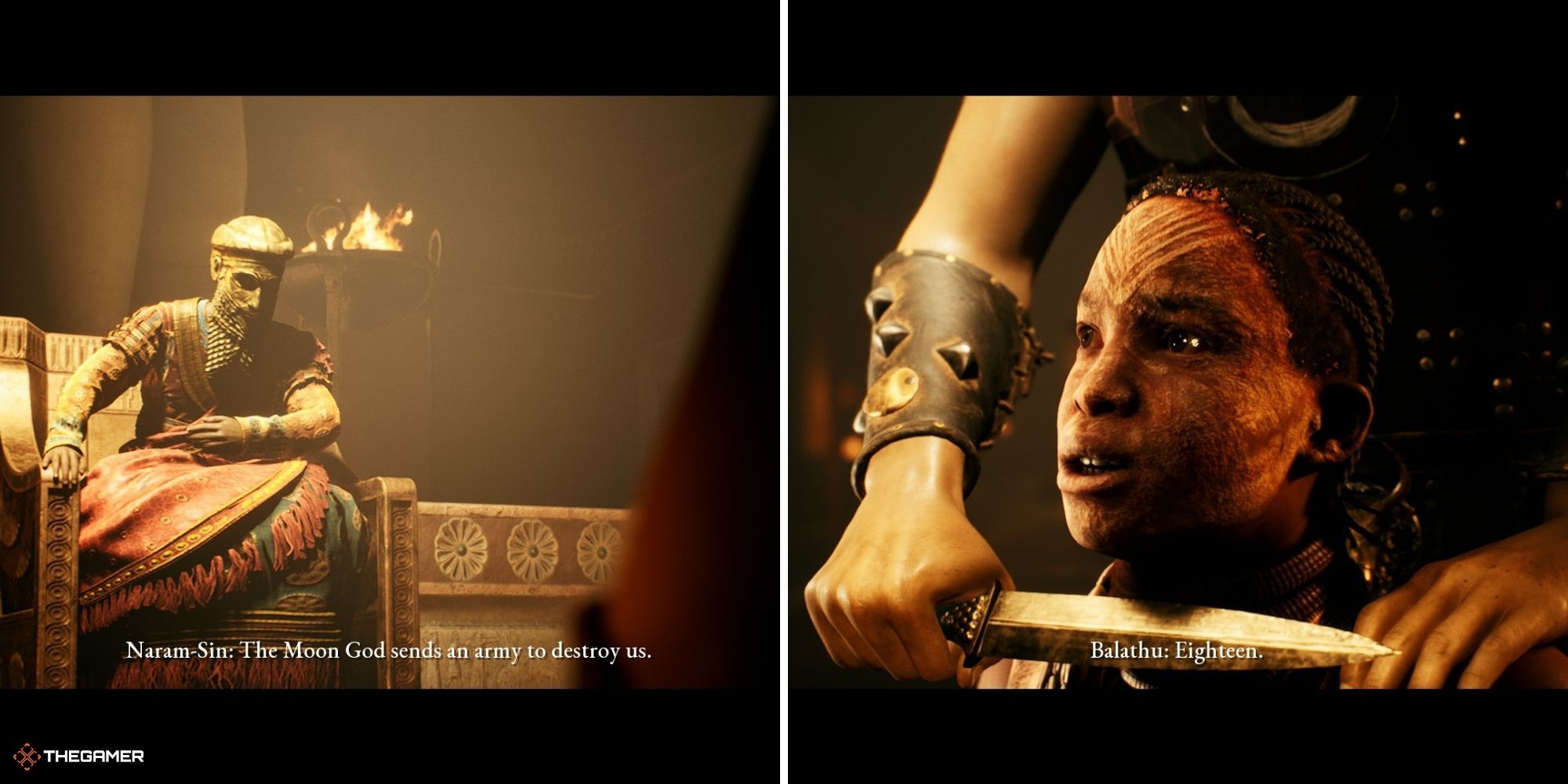 House of Ashes Prologue - Akkadian King Naram-Sin on left, Balathu with his knife against a woman's neck on right