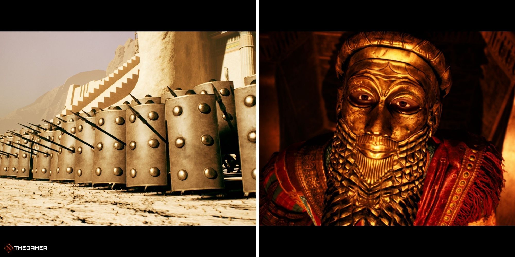 House of Ashes Prologue - Akkadian King Naram-Sin on right, Army outside the Akkadian temple on right